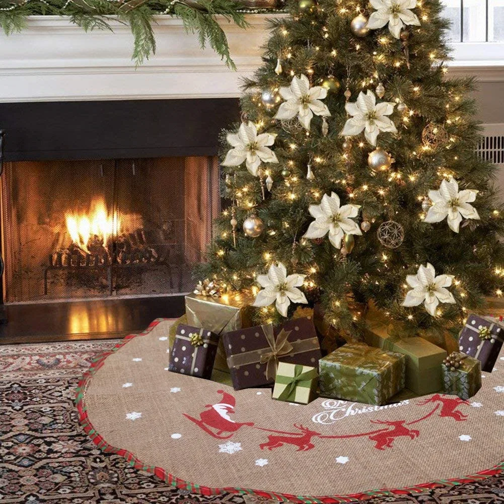 Burlap Tree Skirt 48 Inch Round Hot Sale New Year Decoration Linen Christmas Tree Skirt with Snowflake